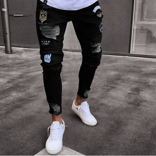 Men's Ripped Denim Jeans Badge Skinny Jogging Pencil Long Trousers Distressed