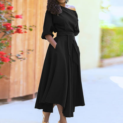 Women's Solid Colour Dress Off-Shoulder Medium Puff Sleeve Fitted Waistband with Pockets Flared Long Midi Elegant Fashion