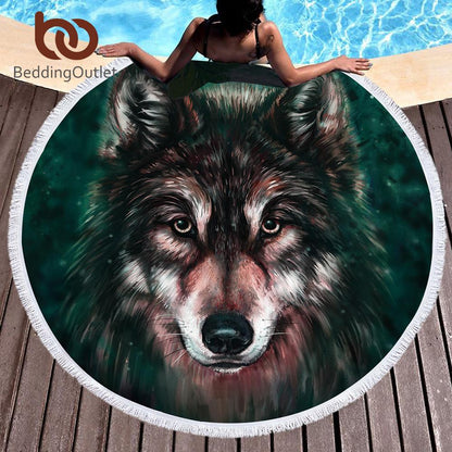 Wolf Print Round Tassel Edge Blanket Fleece Microfiber Beach Towel Summer Tapestry 150cm