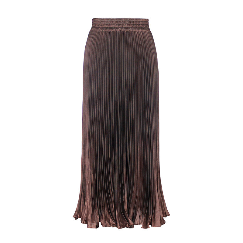 Women's Satin Metallic Pleated Maxi Skirt Long Organ Fan Long Length Elastic Waist