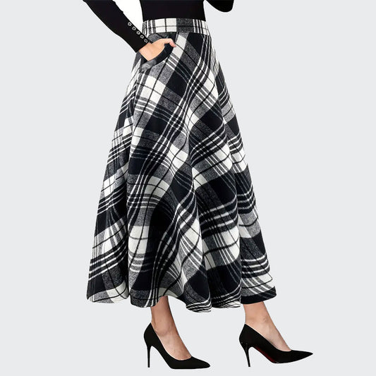 Women's Black and White Plaid Tweed Style Skirt Maxi Length A-line Flare with Pockets