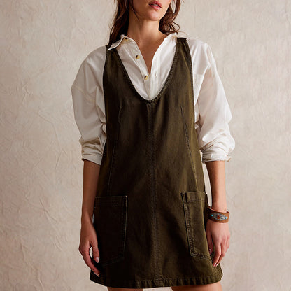 Women's Denim Pinafore Style V-Neck Backless Dress