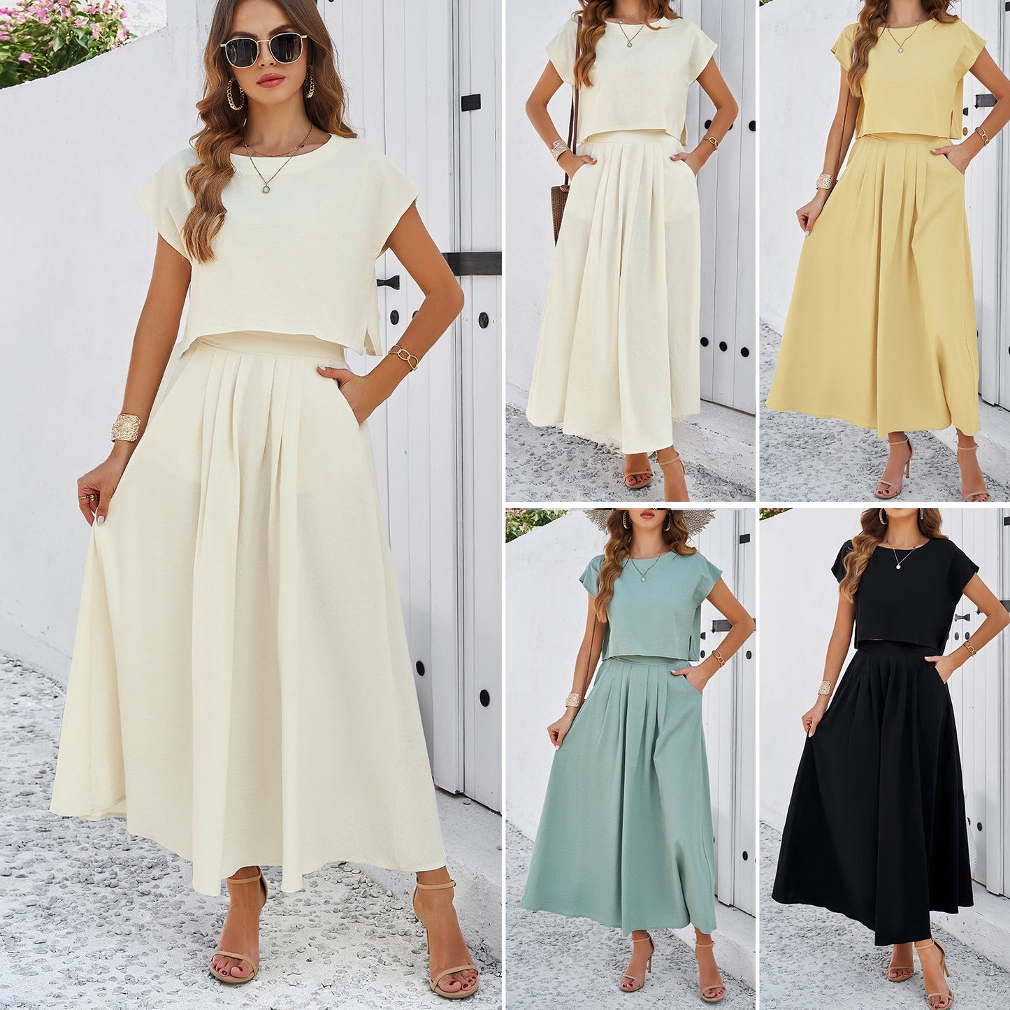 Women's Solid Colour Top and Long Skirt Two Piece Set Soft Loose Fitted Short Sleeve Flare A-Line With Pockets Outfit