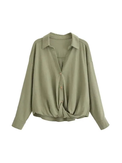 Women's Linen Blouse Long Sleeve V-Neck Twist Front Shirt