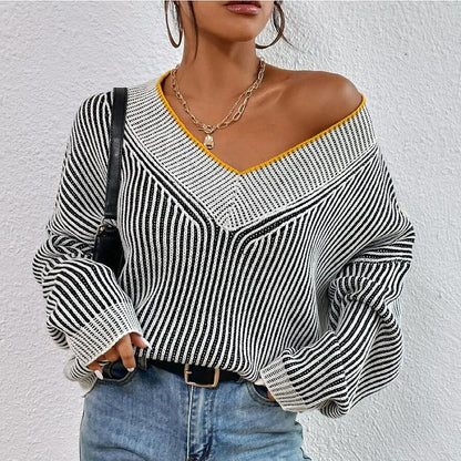 Women's Knitted V-Neck Off Shoulder Jumper Loose fit Batwing Long Sleeve Pullover Sweater