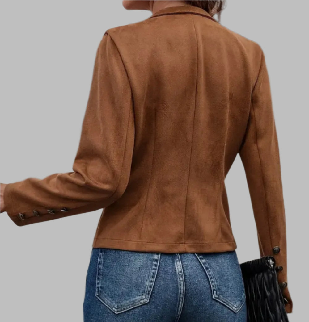 Women's Faux Suede Open Front Button Detail Fitted Jacket