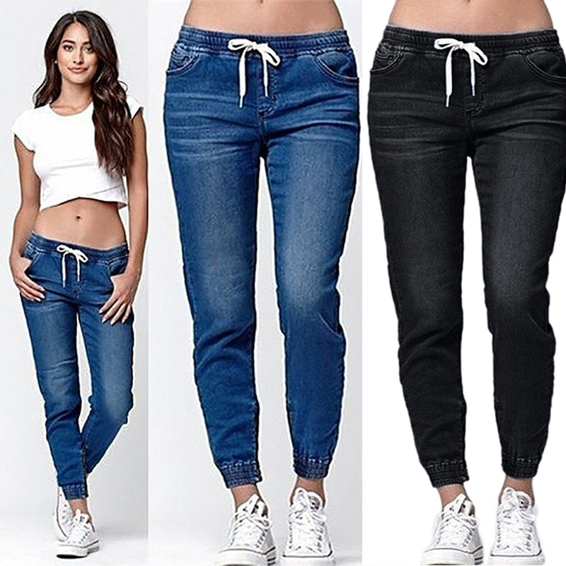 Women's Plus Size Denim Jeans Loose Cuffed Hem Drawstring Jogger Style Casual Trousers