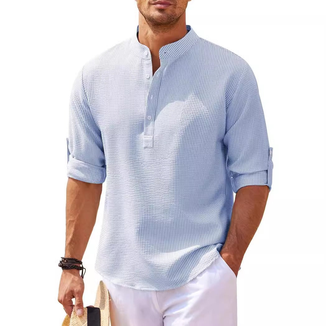 Men's Solid Colour Textured Cotton Shirt Long Sleeve Stand Up Half Open Collar T-shirt Sweater Top