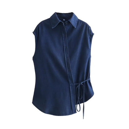 Women's Denim Shirt Irregular Button Front Side Tie Waist Top