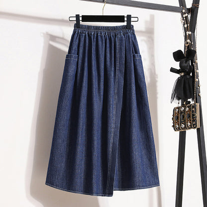 Women's Plus Size Denim Midi Skirt Front Wrap Split