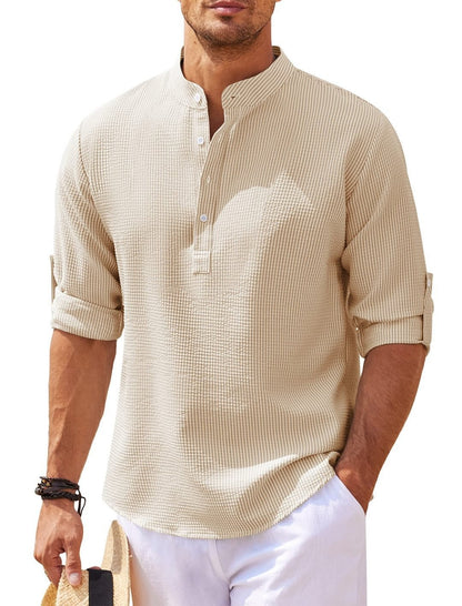 Men's Solid Colour Textured Cotton Shirt Long Sleeve Stand Up Half Open Collar T-shirt Sweater Top