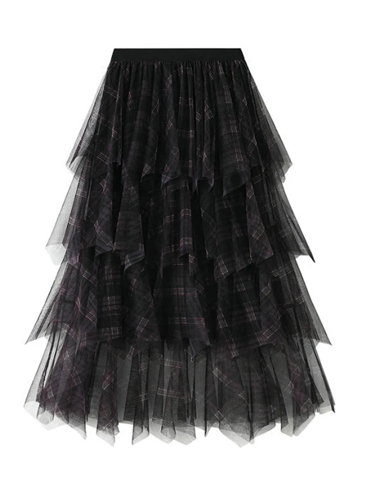 Women's Tartan Mesh Layered A-line Midi Flare Skirt