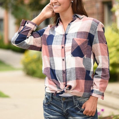 Women's Check Plaid Button Front Long Sleeve Cotton Shirt