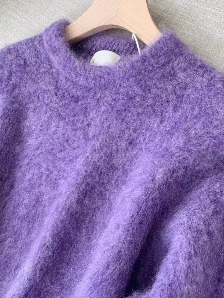 Women's Purple Mohair Style Knitted Pullover Sweater Loose Thickened Soft Warm Jumper