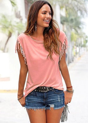 Women's Solid Colour T-shirt Round Neck Short Sleeved Tassel Edge Top Casual Boho Fashion