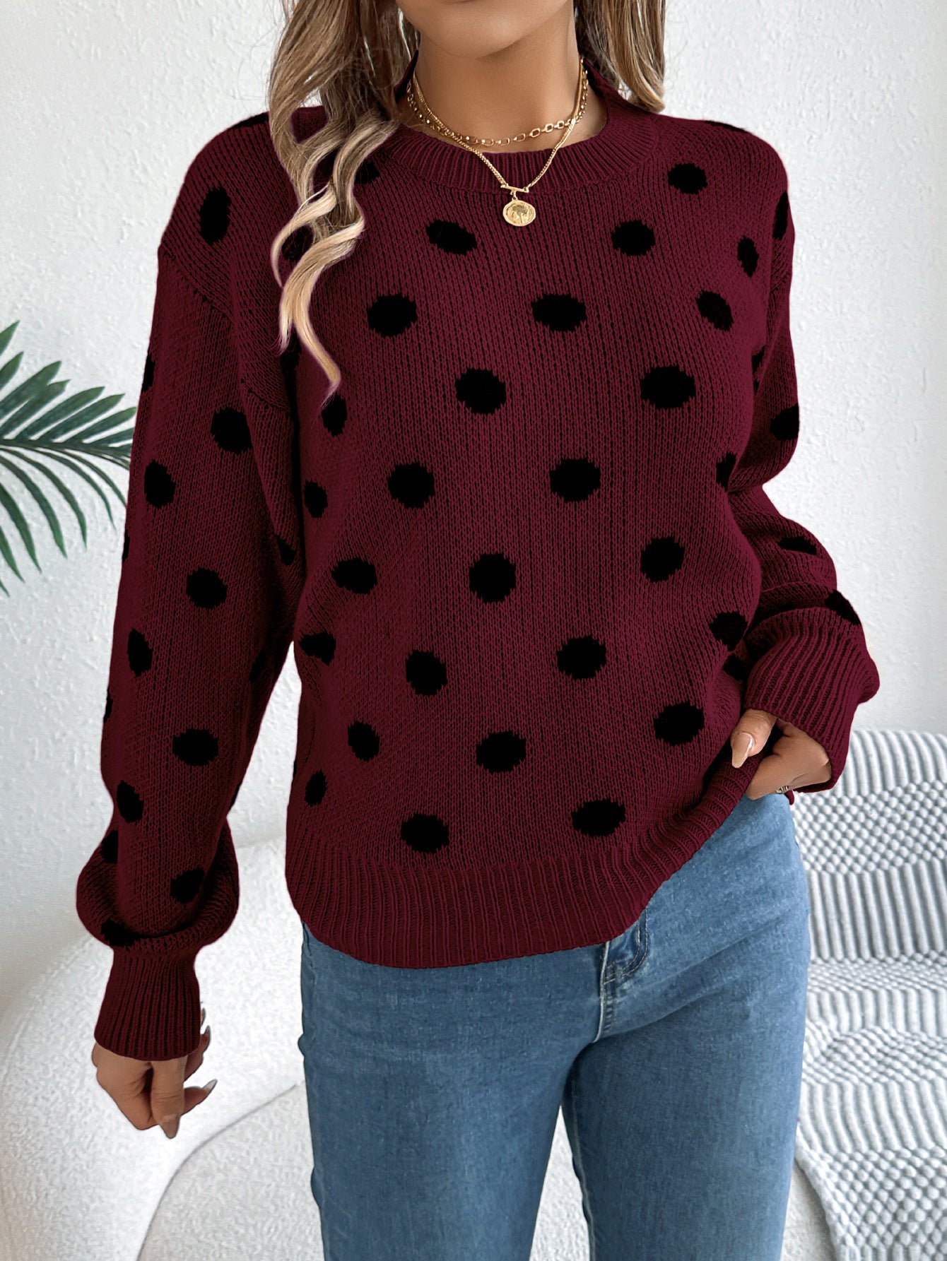 Women's Knitted Contrast Colour Polka Dot Jumper Long Sleeve Round Neck Sweater