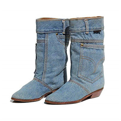 Women's Denim Cowboy Calf Boots Low Heel Side Pocket Pull On Footwear