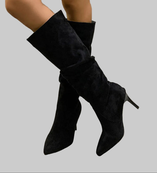 Women's Faux Suede Ruched Pull On Knee High Boots