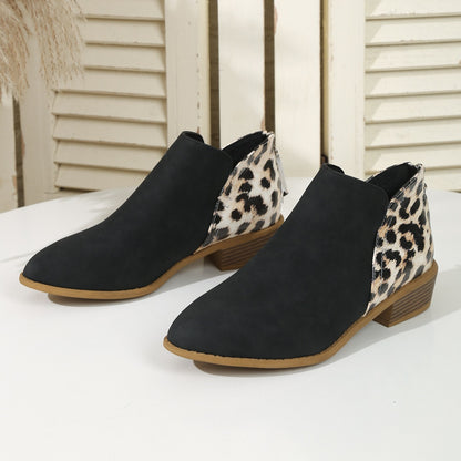 Women's Suede Leopard Print Ankle Boots Pointed Low Thick Heels Back Zipper Shoes