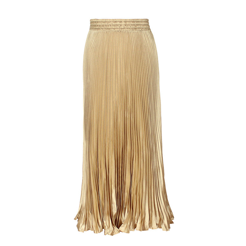 Women's Satin Metallic Pleated Maxi Skirt Long Organ Fan Long Length Elastic Waist