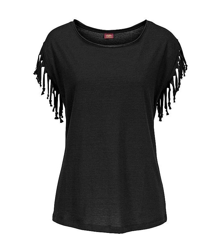 Women's Solid Colour T-shirt Round Neck Short Sleeved Tassel Edge Top Casual Boho Fashion