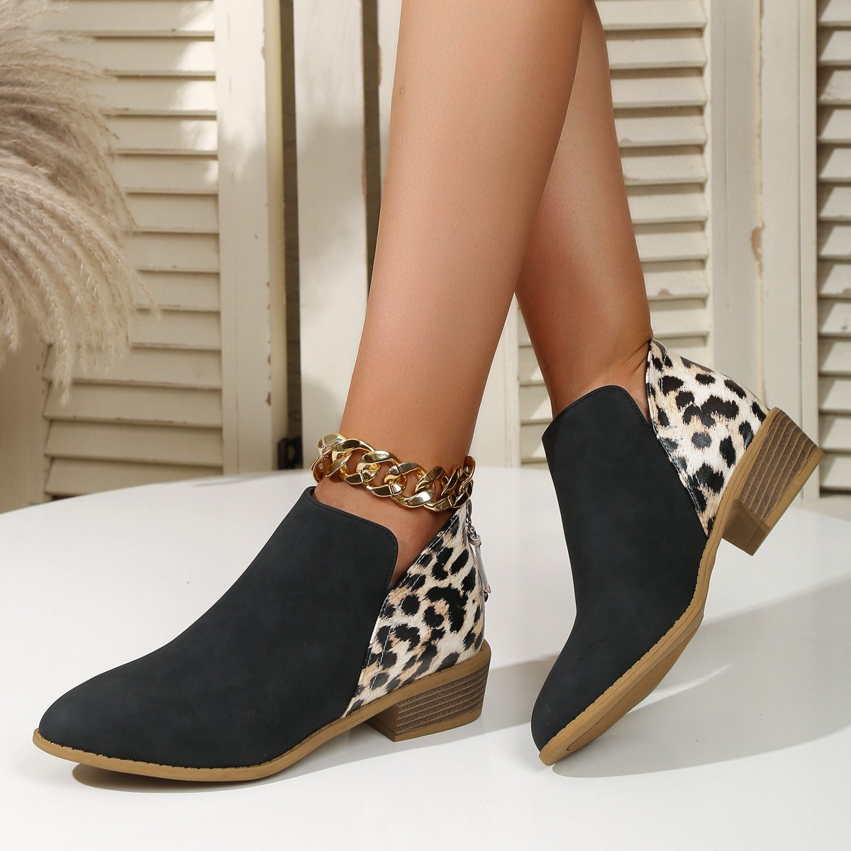 Women's Suede Leopard Print Ankle Boots Pointed Low Thick Heels Back Zipper Shoes