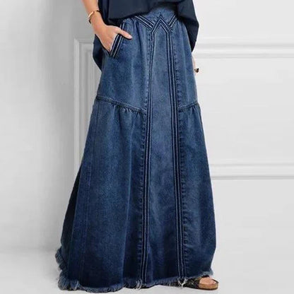 Women's Oversize Denim Skirt Patchwork Detailed Stitch Frayed Hem Solid High Waist Pockets Maxi Full Length