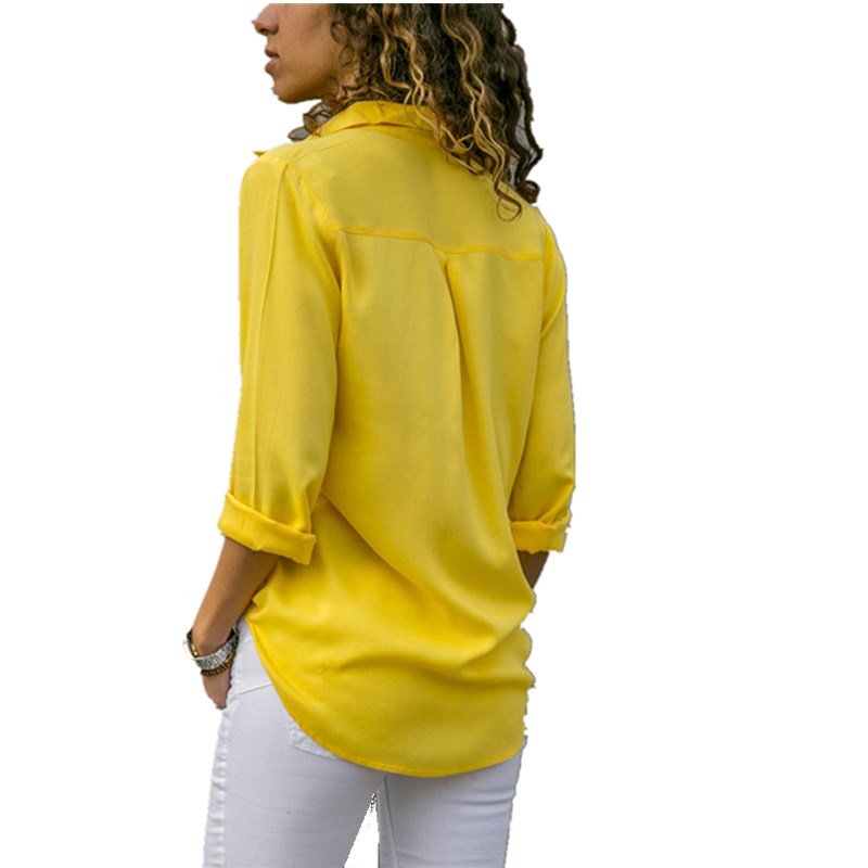 Women's Solid Colour Chiffon Blouse Long Sleeve V-Neck Button Front Casual Shirt