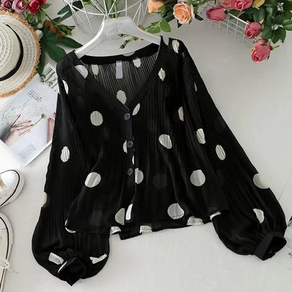 Women's Polka Dot Chiffon Blouse Long Puff Sleeve Loose Fitted Top One Size