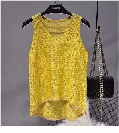 Women's Glitter Knitted Vest Top V-Neck Sleeveless Scalloped Front Hem