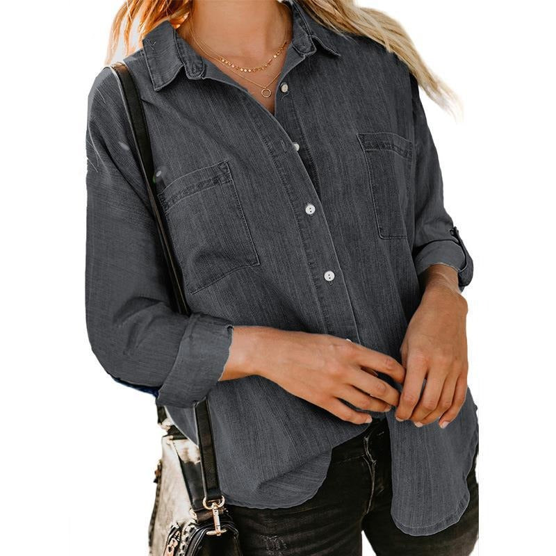 Women's Denim Style Lightweight Shirt Loose Fitting Double Pocket Long Sleeved Blouses