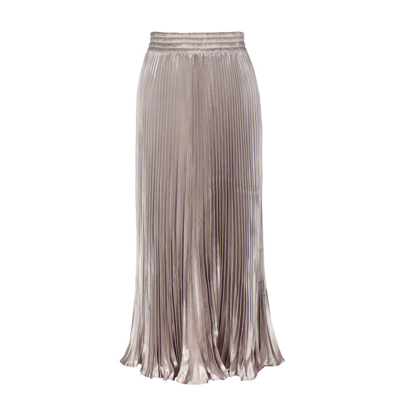 Women's Satin Metallic Pleated Maxi Skirt Long Organ Fan Long Length Elastic Waist