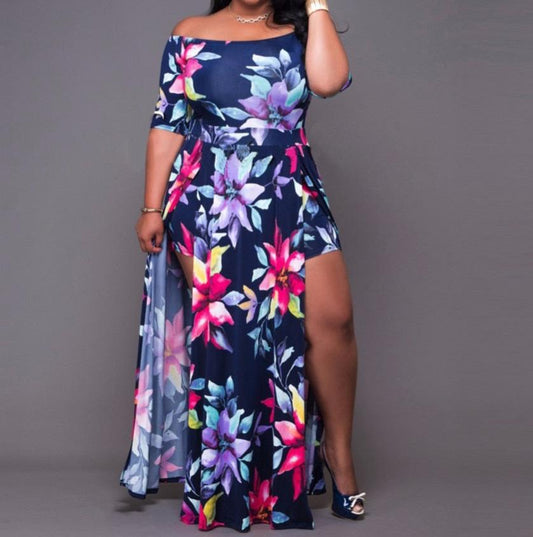 Women's Plus Size Floral Print Romper Jumpsuit With Skirt Overlay Bardot Short Sleeve Fitted Split Thigh Outfit