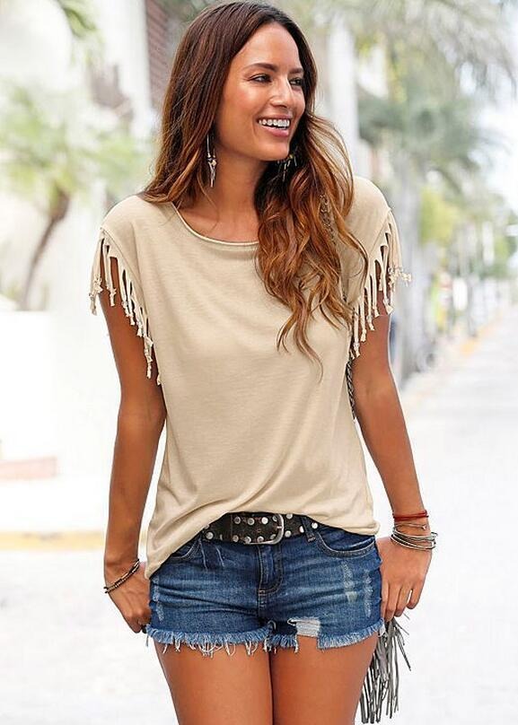 Women's Solid Colour T-shirt Round Neck Short Sleeved Tassel Edge Top Casual Boho Fashion