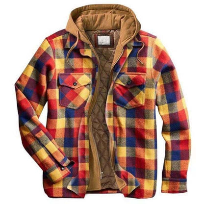 Men's Check Striped Plaid Lined Hooded Jacket Long Sleeve Button Front Shirt