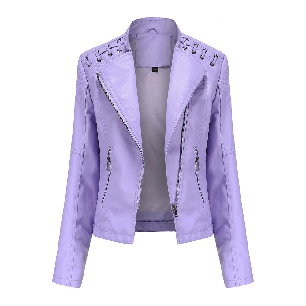 Women's PU Leather Jacket Long Sleeved Pockets Shoulder Detail Fitted Waist Zip Pockets Casual Fashion