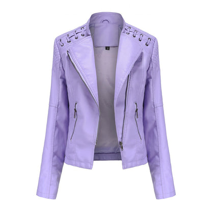 Women's PU Leather Jacket Long Sleeved Pockets Shoulder Detail Fitted Waist Zip Pockets Casual Fashion