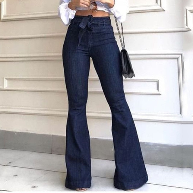 Women's Denim Jeans High Waist Tie Belt Detail Flared Fitted Pants