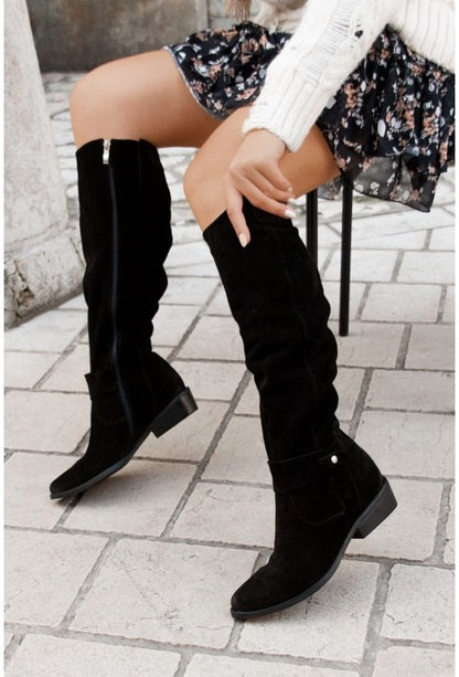 Women's Faux Suede Knee Length Boots Low Heel Side Zipper Footwear