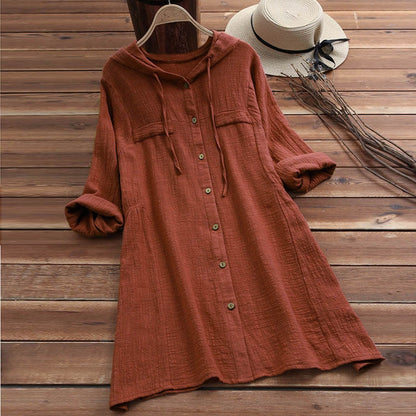 Women's Plus Size Linen Hooded Shirt Dress Long Sleeve Midi Length