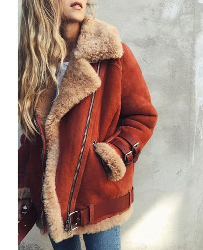 Women's Faux Fur Jacket Heavy Belted Big Collar Buckle Detail Coat