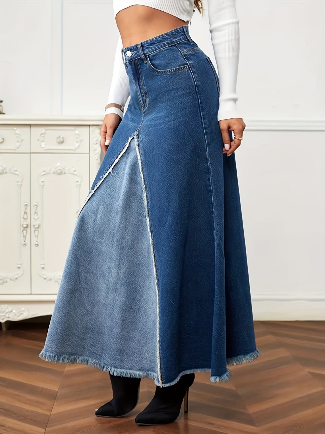 Women's Denim Patchwork Maxi Flare Skirt