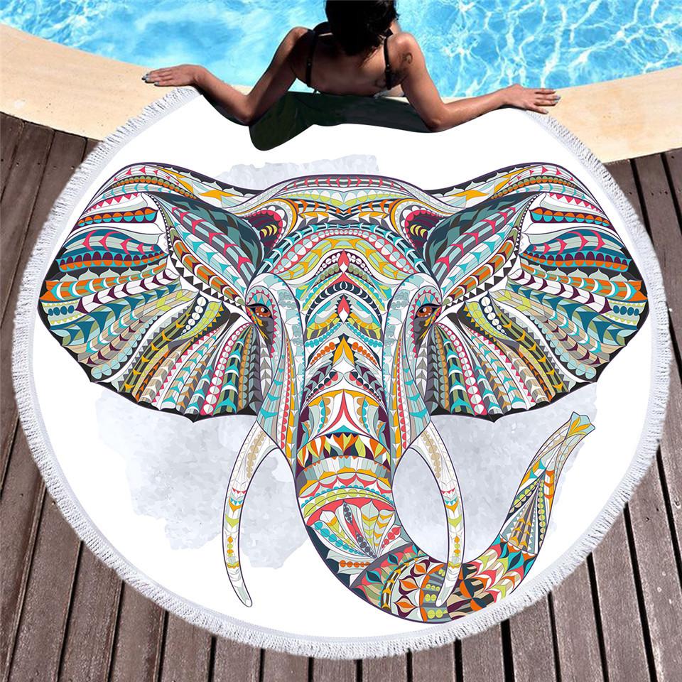 Elephant Head Print Round Tassel Edge Fleece Blanket Microfibre Beach Towels Boho Yoga Mat Tapestry 150cm