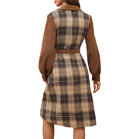 Women's Brown Ribbed Plaid Splicing Belted Midi Shirt Dress