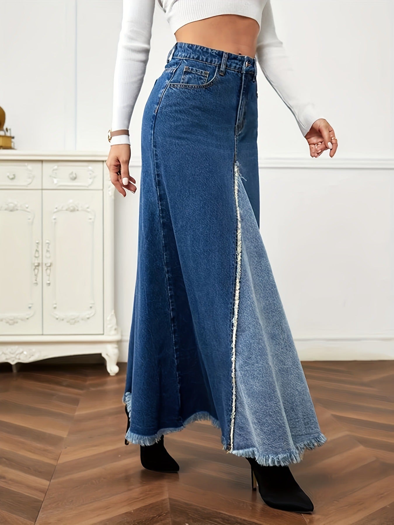 Women's Denim Patchwork Maxi Flare Skirt