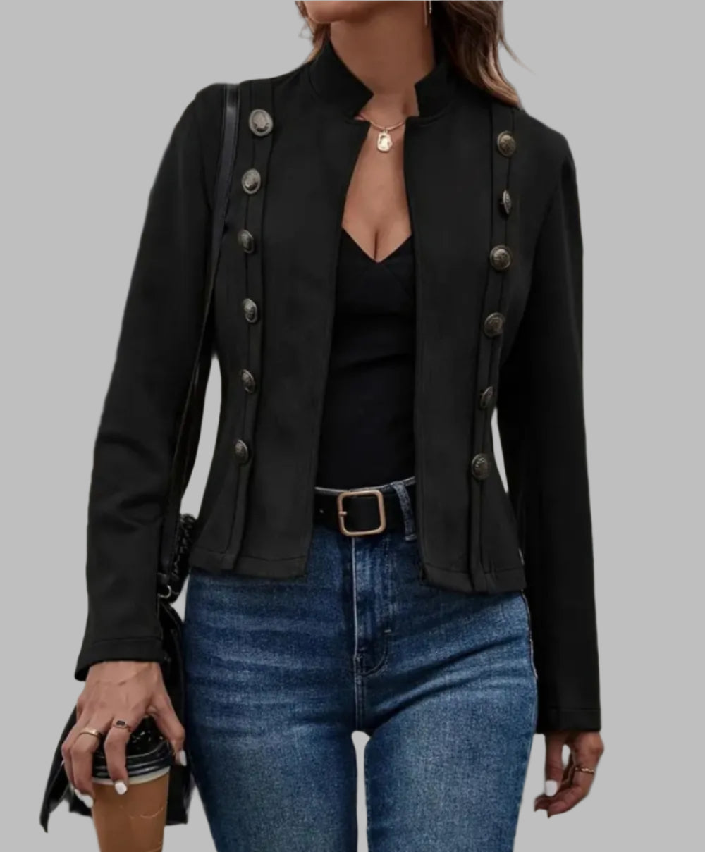 Women's Faux Suede Open Front Button Detail Fitted Jacket