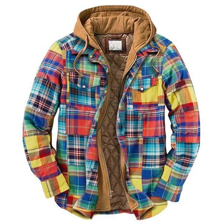 Men's Check Striped Plaid Lined Hooded Jacket Long Sleeve Button Front Shirt