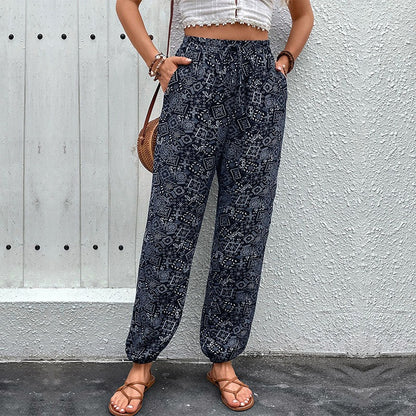 Women's Bohemian Print Tie Waist With Pockets Trousers