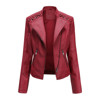 Women's PU Leather Jacket Long Sleeved Pockets Shoulder Detail Fitted Waist Zip Pockets Casual Fashion