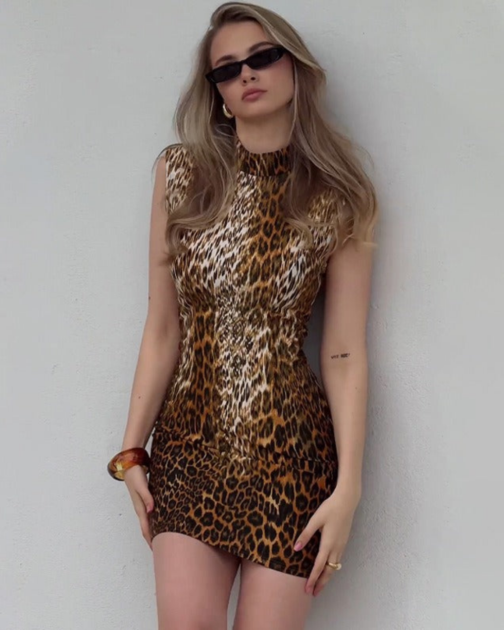 Women's Leopard Animal Print Sleeveless Back Zipper Bodycon Mini Dress